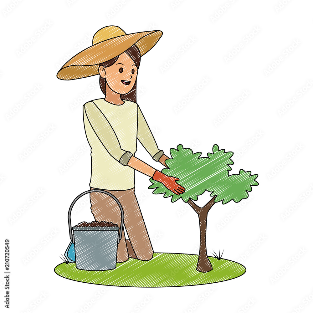 Poster Woman gardener with plant and water can vector illustration graphic design