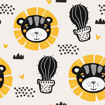 Scandinavian art with lion and cactus. For kids, nursery textile,poster or fabric. Hand drawn design