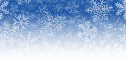 Christmas illustration of many layers of snowflakes of different shapes, sizes and transparency. On gradient background from blue to white.