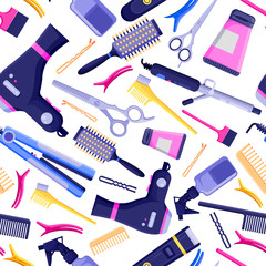 Beauty salon vector seamless pattern. Colorful hair hairdresser tools and equipment.