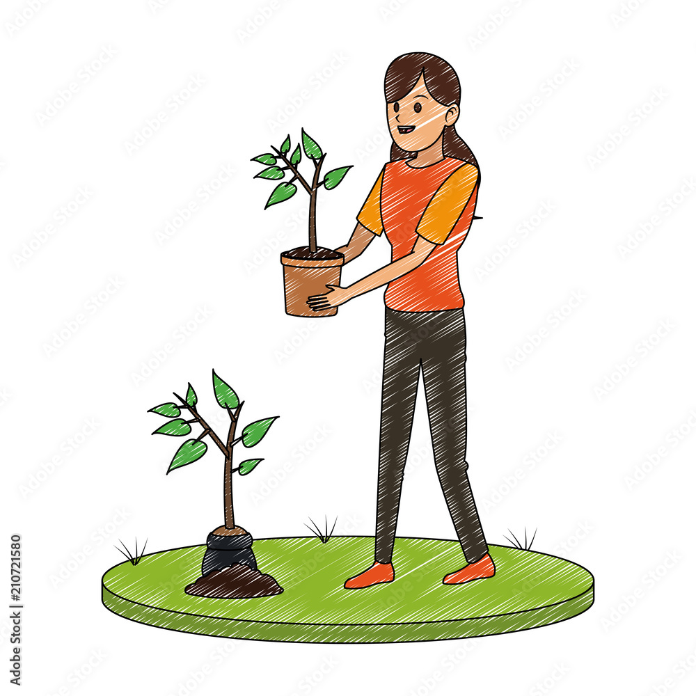 Poster woman gardener with plant and water can vector illustration graphic design