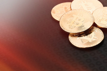 Crypto currency Bitcoin, BTC, Bit Coin. Bitcoin coins on black background, mining blockchain technology concept.