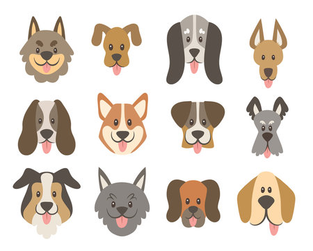 Dog faces collection. Cute cartoon dog faces with their tongue outside. Avatar icon set. Vector illustration.