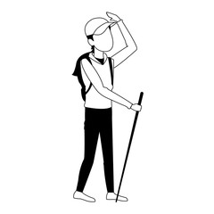 Man with backpack and walking stick vector illustration graphic design vector illustration graphic design