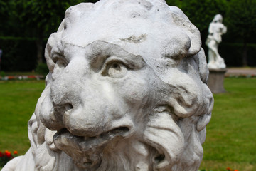 Head of stone lion looking forward seriously