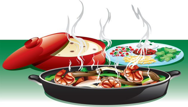 illustration of a hot skillet with shrimp, chicken and beef, flour tortillas, and toppings