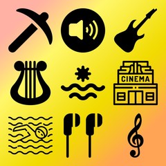 Vector icon set  about music with 9 icons related to cinema, ocean, social, note and frame