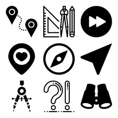 Vector icon set  about location with 9 icons related to measurement, orienteering, picture, player and abstract