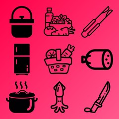 Vector icon set  about kitchen with 9 icons related to roasted, ingredient, kitchen, sea and appliance