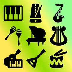Vector icon set  about music instruments with 9 icons related to symbol, balalaika, trommel, background and grand piano