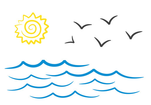 Sea landscape with sun and seagulls hand drawing design, stock vector illustration