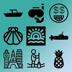Vector icon set  about travel and tourism with 9 icons related to yellow, thailand, slice, night and symbol
