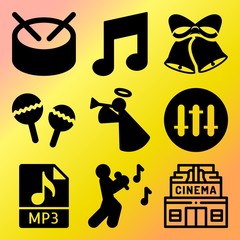Vector icon set  about music with 9 icons related to singer, film, graph, frame and ring