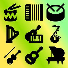 Vector icon set  about music instruments with 9 icons related to instrument, black, musical, fiddlestick and saxophone