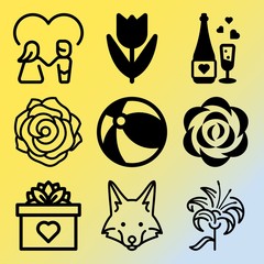 Vector icon set  about flowers with 9 icons related to sheet, background, bridal, reflection and rose