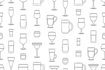 Seamless pattern with Alcoholic drinks glasses. line style. isolated on white background