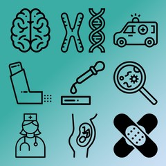 Vector icon set  about medicine with 9 icons related to microorganism, bottle, illness, think and heal