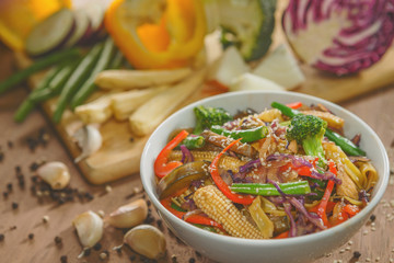 Wok stir fry vegetables with chicken and noodles