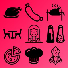 Vector icon set  about kitchen with 9 icons related to dinner, cuisine, brown, aquatic and graphic