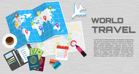 World tour banner. Passport for customs clearance, airplane tickets, route planning. Flat vector cartoon illustration. Objects isolated on white background.