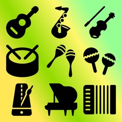 Vector icon set  about music instruments with 9 icons related to concept, style, piano, bow and texture