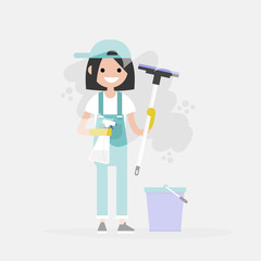 Cleaning service. Young character washing a window. Household chores. Cleanup. Flat editable vector illustration, clip art