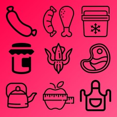 Vector icon set  about kitchen with 9 icons related to steak, tentacle, life, cuttlefish and spice