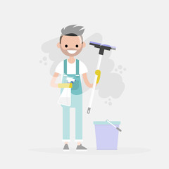 Cleaning service. Young character washing a window. Household chores. Cleanup. Flat editable vector illustration, clip art