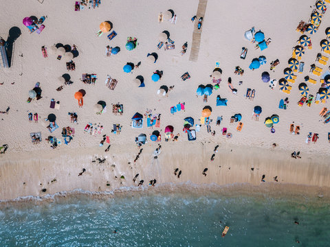 Aerial of People lying and playing on the beach during midday