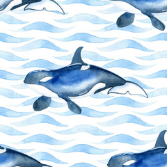  Killer Whale watercolor raster seamless pattern.