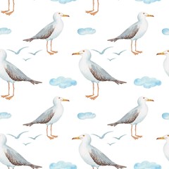 Obraz premium seamless pattern watercolor in marine style bird gull on white background with clouds