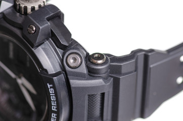 Black watch with rubber bracelet sport on white background isolation