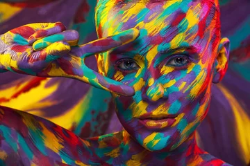 Porträt der strahlend schönen Frau mit kunstvollem Make-up und Bodyart © Yuliya Ochkan