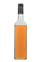 The glass bottle filled with alcoholic drink of a brown shade, with a stopper, isolated on a white background