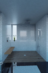 3d rendering of shower tray with white tiles and wooden bench