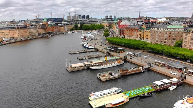 Aerial view of Stockholm Sweden's waterfront and colorful architecture.
