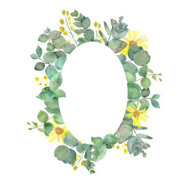 Oval Eucalyptus Frame With Yellow Watercolor Flowers