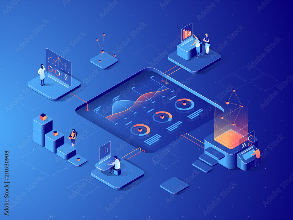 Poster people interacting with charts and analysing statistics. data visualisation concept. 3d isometric il