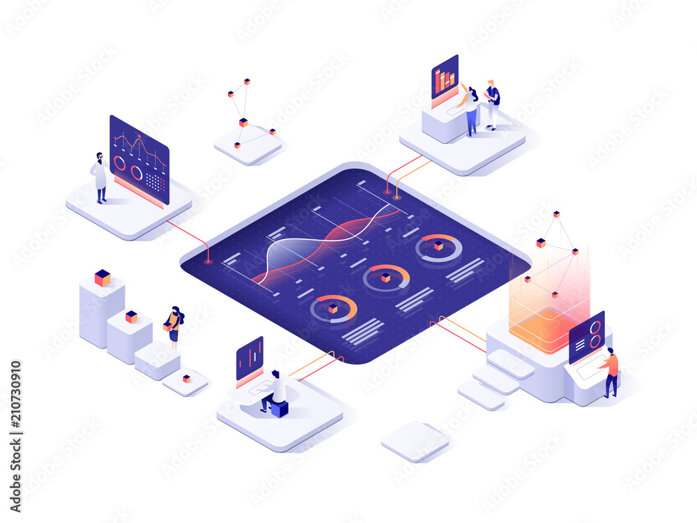 Poster people interacting with charts and analysing statistics. data visualisation concept. 3d isometric il