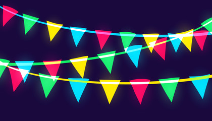 Vector neon glowing pary flags of different vivid colors. Red, blue, green and yellow triangular papers hanging on a colored ropes. Trendy overlay style.