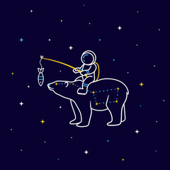 Funny cartoon astronaut sits on the constellation of a Great Bear in space with stars around