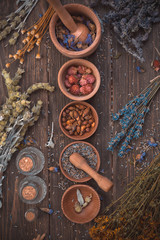 Wild Herbs Different Gathering of Medicinal Alternative Treatment Wooden Background Vintage Rural Country Style