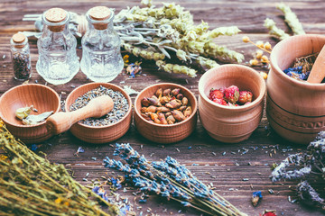 Wild Herbs Different Gathering of Medicinal Alternative Treatment Wooden Background Vintage Rural...