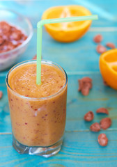 Breakfast from cereals with milk, smoothies and fresh fruit.