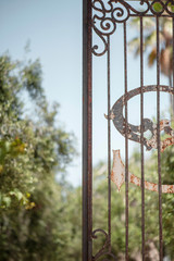 Half open ornate iron gate in garden.