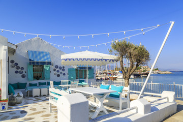 Turquoise colored house near seaport of Datca, Turkey
