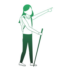 Woman with backpack and walking stick vector illustration graphic design