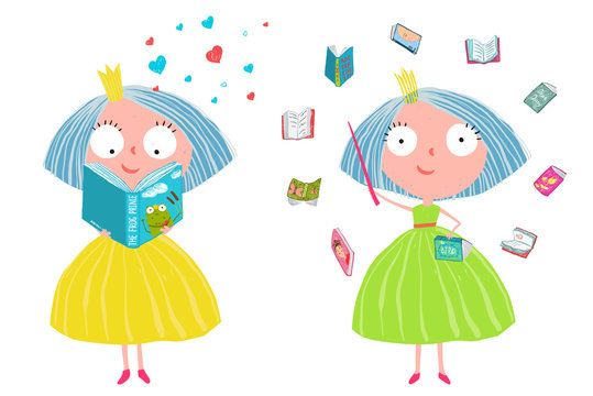 Fun colorful clip art with little girls reading stories. Vector cartoon.