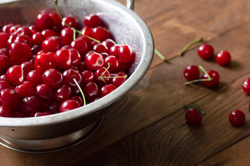 a bunch of juicy red ripe cherries in a saucepan