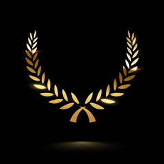 Golden shiny laurel wreath isolated on black background. Vector design element.